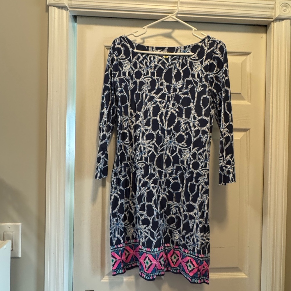 Lilly Pulitzer Blue and Pink A-Line Dress with Bateau Neckline